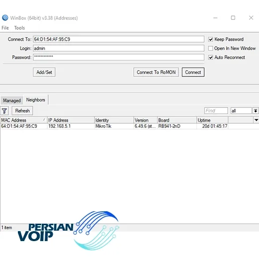 تصویری از صفحه نصب برنامه winbox برای کانفیگ روتر